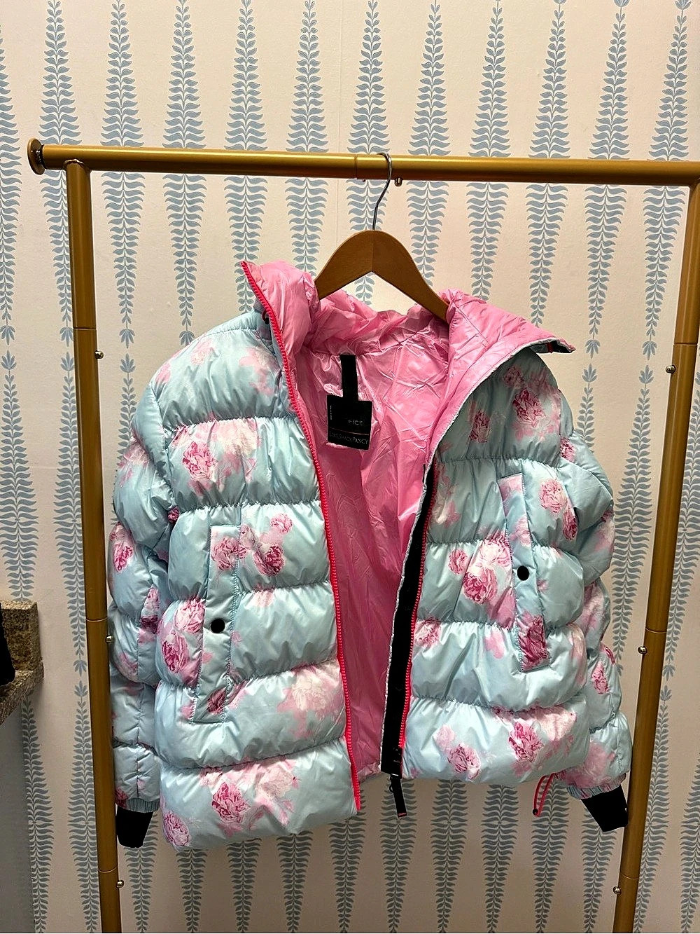 LoveShackFancy Floral Puffer Ski Jacket Blue & Pink Size 4